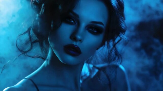 Dark-eyed model with dramatic makeup and smoke. Gothic or fantasy theme.