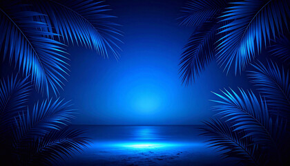 Fototapeta premium Tropical Night Beach Scene in Vibrant Blue Hues