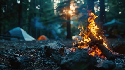 Campfire flames forest camping