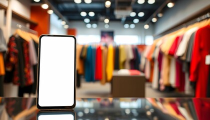 smartphone display, clothing store background, mobile app mockup, fashion retail interior, digital shopping concept, blurred clothing racks, modern technology, e-commerce