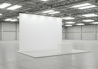 Blank Trade Show Booth Mockup in Industrial Warehouse Setting for Event Presentation Design 3D Render
