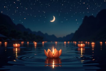 A serene night scene featuring glowing lotus flowers floating on water, under a starry sky and crescent moon, creating a peaceful ambiance.