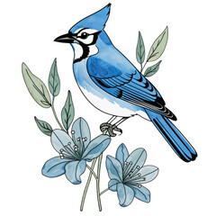 Blue jay bird and blue flowers watercolor nature illustration