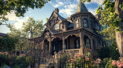Victorian home with intricate details. Lush landscaping surrounds the historic property