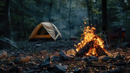 Camping outdoors nighttime fire tent