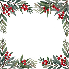 Christmas holly berry watercolor botanical frame with leaves