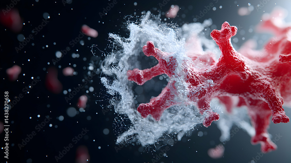 Poster a detailed 3d rendering of a red virus being attacked by a white immune response. ideal for scientif