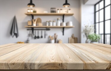 Light wood table top, blurred kitchen background