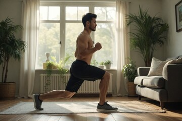 Strong Asian Man Doing Focused Lower Body Workout with Bodyweight Lunges at Home