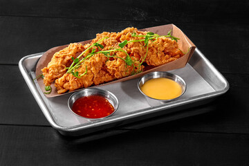 Crispy chicken tenders with dipping sauces on metal tray