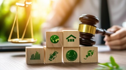 Wooden blocks with environmental symbols under gavel.