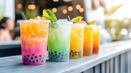 bubble tea creations, artisan bubble tea drinks with colorful tapioca pearls in clear cups on rustic counter, food truck and happy customers in the background