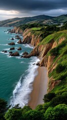 Obraz premium Breathtaking Coastal Cliffs and Sandy Beaches California Landscape Photography Serene Environment Aerial View Nature's Artwork