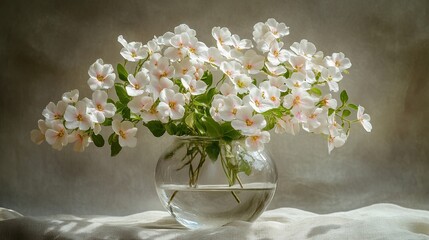Obraz premium Elegant White Flowers in Glass Vase Still Life Photography Soft Light Delicate Petals Spring Blossom Floral Arrangement Home Decor Beautiful Nature 