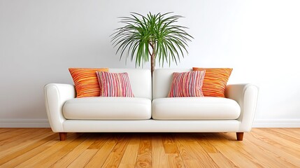 Fototapeta premium White couch with colorful pillows and potted plant against a white wall on a wooden floor