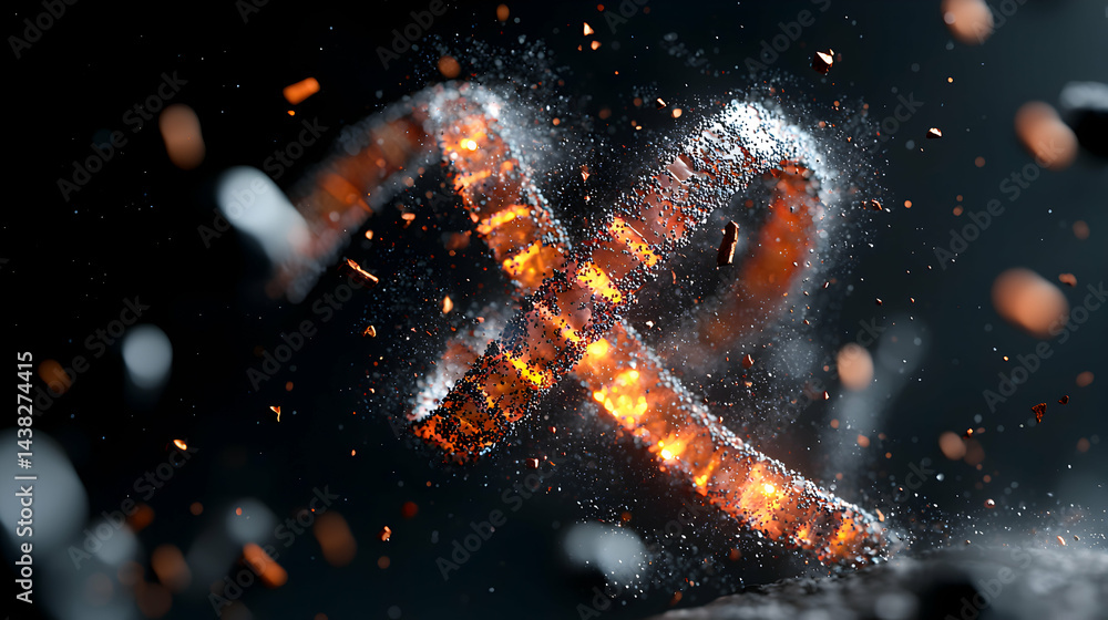 Poster a fiery structure disintegrates into particles against a dark background. the image suggests concept