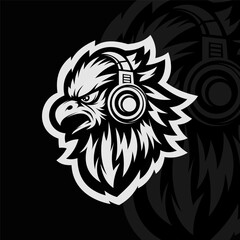 Angry eagle with headphone mascot animal esport illustration character, black white