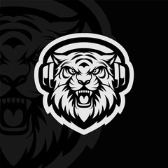 Tiger with headphone mascot animal esport illustration character, black white