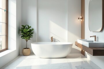 Modern white bathroom with luxurious marble bathtub and fixtures , high-end, home design