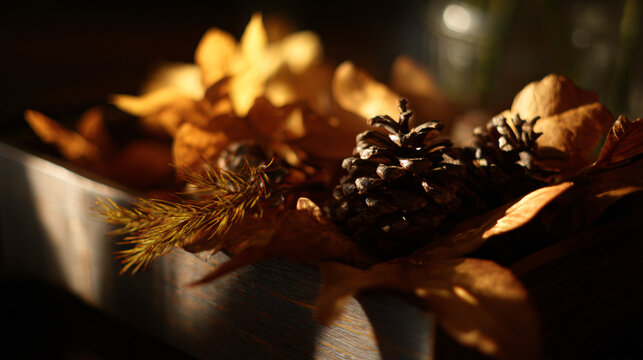 Fall arrangement of leaves and pinecones in warm lighting.