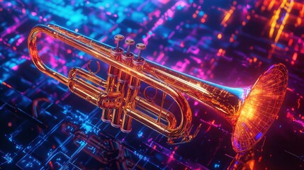 Naklejka premium Golden trumpet, vibrant digital backdrop