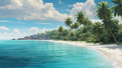 High-angle, full shot of a tropical beach.