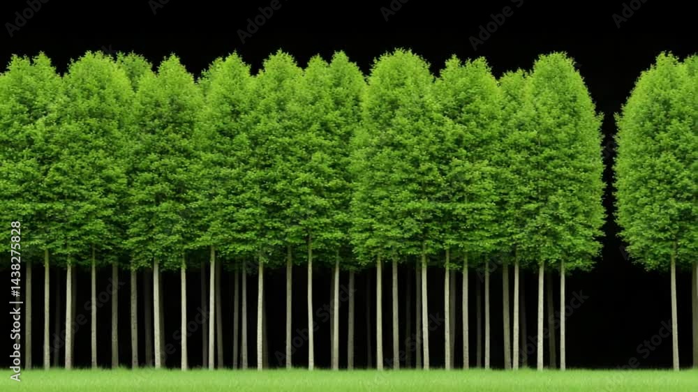 Poster lush evergreen trees aligned in a uniform row against a dark background in a serene forest environme