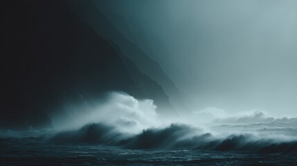Obraz premium Stormy Ocean Waves Crashing Against Rugged Cliffs with Dramatic Lighting