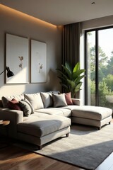 Obraz premium Comfortable sectional sofa, integrated workstation, natural light , home design, minimal decor, built in desk