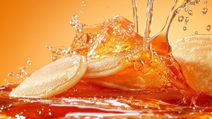 Splashing orange juice with citrus slices.