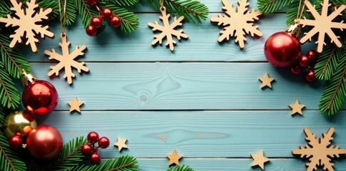 Wooden snowflakes, star, jingle bells, pine sprigs , home, season, green