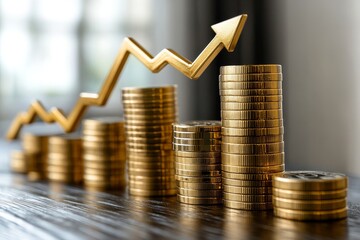 
Gold coins and upward arrow graph symbolizing business growth, financial performance, and investment success.