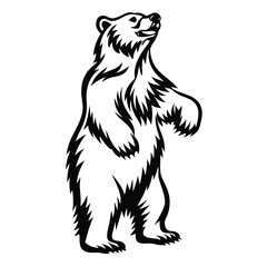 Standing Black Bear Silhouette with Furry Texture Glimpsing Upward on Isolated White
