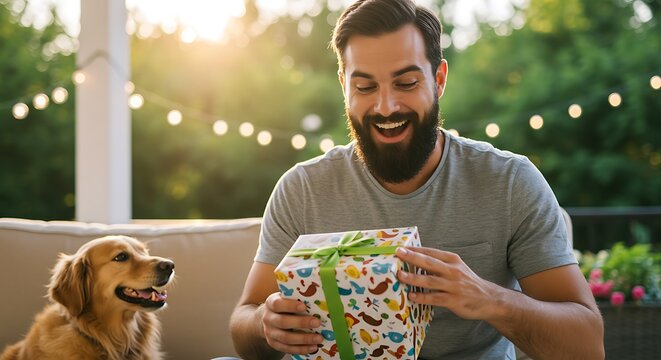 Man with beard opening a gift box with a dog sitting beside him on a patio with string lights - Powered by Adobe