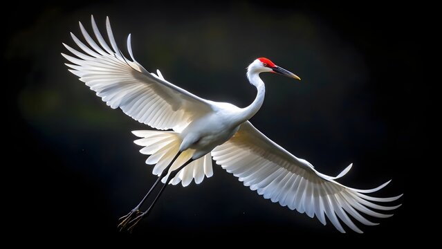 White Crane in Flight Against Black Background