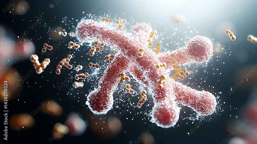 Poster a detailed illustration of a microscopic structure surrounded by smaller particles. this could repre