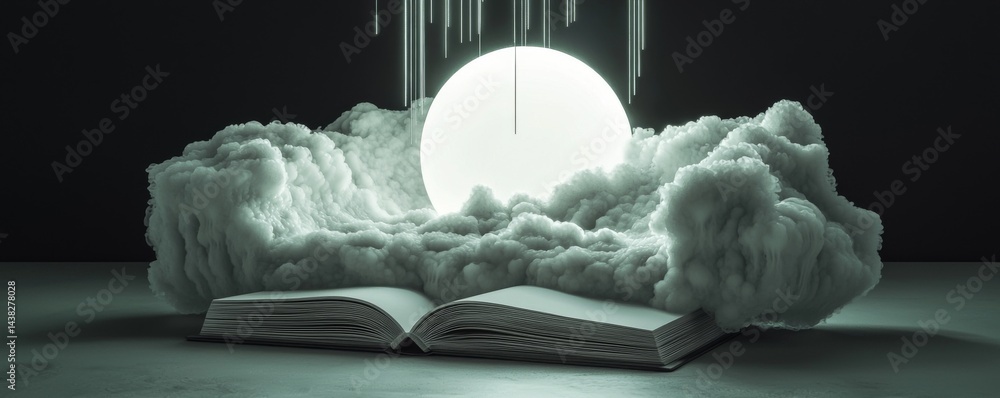 Poster A mystical scene featuring a glowing orb above an open book surrounded by ethereal clouds.