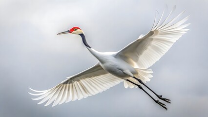 Fototapeta premium White Crane in Flight Against white Background