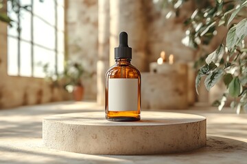 Amber bottle mockup with blank label on stone pedestal against interior background