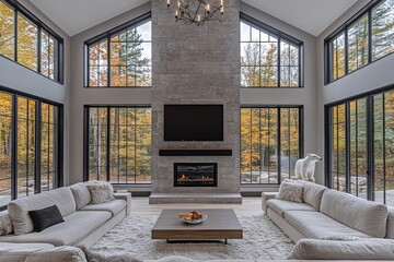 
Large living room with a grey stone fireplace, tall windows, double-height ceiling, light grey walls, two facing couches, TV, chandelier, fluffy carpet, and a white polar bear statue, captured in a w