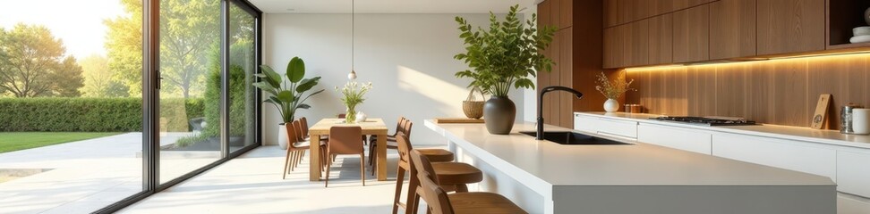 Sleek minimalist kitchen opens to sunlit living area & terrace , kitchen, plants