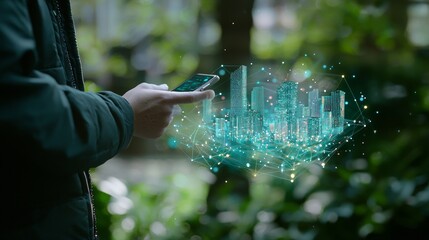 A person uses a smartphone to interact with a digital cityscape in nature.