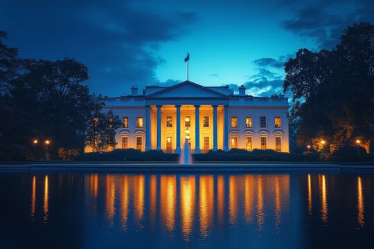 
Minimalist photograph of a white house with a black roof during the blue hour, shot from ground level with clean focus and soft shadows, showcasing professional color grading.