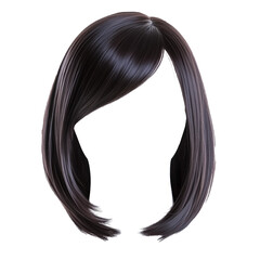 Dark brown hair wig on white background,flat lay arrangement,clipart,PNG,transparent background.