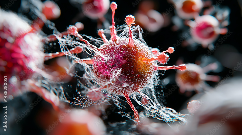 Poster a close-up of a virus structure showing details of its cellular components and surrounding fibers. u