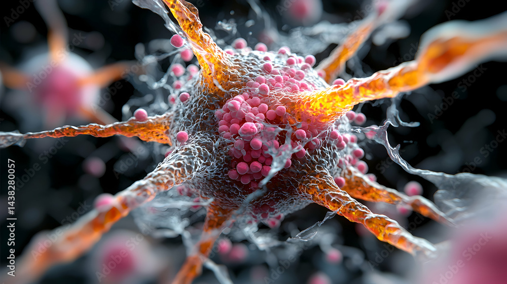 Poster microscopic view of a neuron cell displaying cellular activity. suitable for educational presentatio