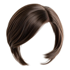 Dark brown hair wig on white background,flat lay arrangement,clipart,PNG,transparent background.
