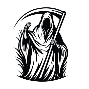 recommend clip art: Grim Reaper Silhouette With Scythe and Grass Dark Cloaked Figure in Monochrome