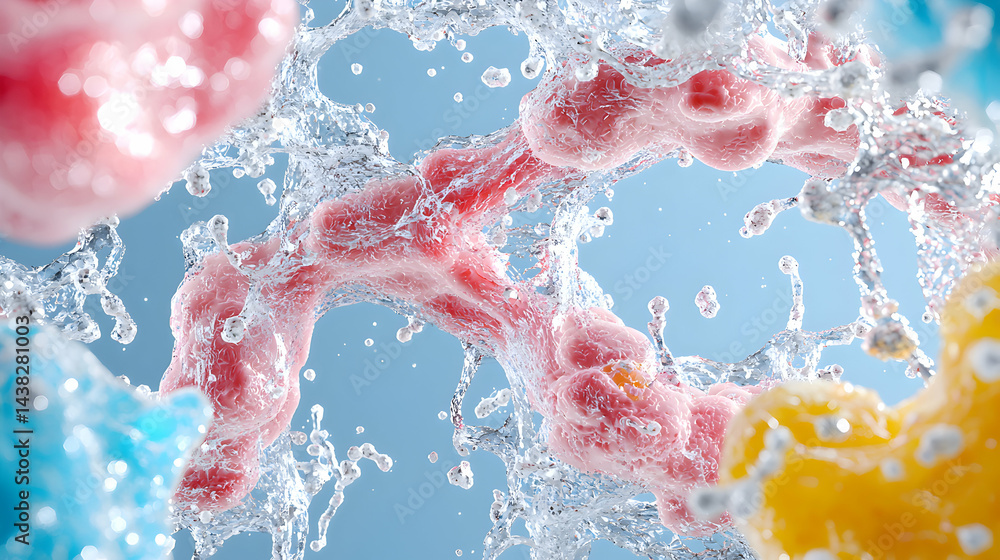 Poster abstract artwork featuring dynamic shapes with water splashes. ideal for science educational materia
