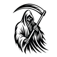 Grim Reaper Cloaked Silhouette Holding Scythe in Black and White Illustration